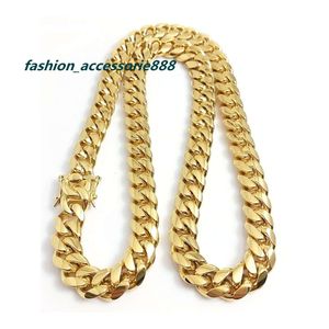 316L Edelstahl Schmuck 18K vergoldet hochglanzpoliert Miami Cuban Link Halskette Herren Punk 15mm Panzerkette Doppelter Sicherheitsverschluss 18inch-30inch