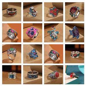 Cluster Rings Vintage Ethnic Style Enamel Fired Blue Peony Flower Adjustable Ring For Women Fashion Floral Luxury Party Vacation Jewelry