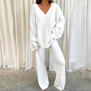 Women's Two Piece Pants 2023 Autumn Casual Sweater Pant Sets Fashion Sporty Pullover Elastic Wide Leg Trousers Solid Color Home Sexy Collar