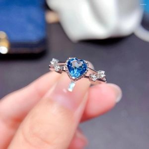 Küme halkaları moda kalp değerli taş yüzüğü 6mm vvs sınıfı doğal Londra mavi topaz 925 Gümüş Kristal Günlük aşınma