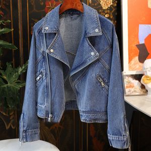 Kadınlar Ceket Sıradan Moto Biker Denim Ceket Sonbahar Lady Vintage Gevşek Yoklu Fermuar Düz Renk Kısa Kovboy Uzun Kollu Ceket 231025