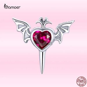 Stud Bamoer 925 Sterling Silver Mono-Ear Punk Goth Goth Bat Wings z czerwonym sercem CZ For Women Fashion Biżuter