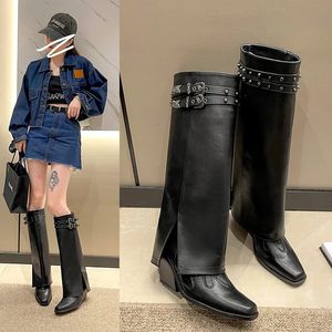 Stiefel Winter Frauen Cowboy Mode Slip Auf Gürtel Schnalle Damen Elegante Lange Rohr Casual Dicke Ferse Damen Stiefel 231026