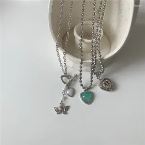 Pendant Necklaces Minar Korean Trendy Angel Love Heart Hollow For Women Shiny Rhinestone Toggle Clasp Circle Necklace Jewelry