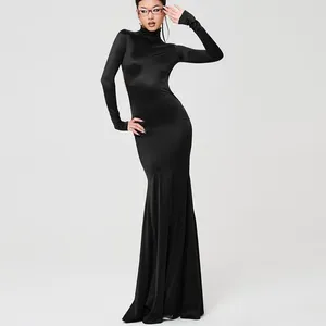 Vestidos casuais Mulheres elegantes vestido de manga longa elegante para trás Backless Black Dress Winter Fashion Fashion Turtleneck Bodycon Maxi Party Clubwear