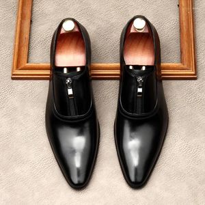 Dress Shoes Men's Zipper Loafers Luxury Genuine Leather Retro Italian Designer Elegant Comfortable Wedding Formal Business Man