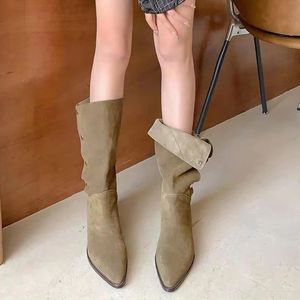 Boots Classic Western Cowboy for Women Suede Pointed Toe Lowheeled Womens Mid Calf Foldable Casual Female 231026