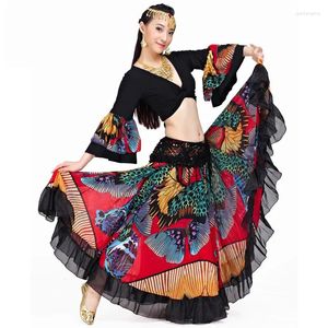 Scen Wear Tribal Belly Dance Performance Women's Suit Top och stor kjolfjäril Mönster Cirkulära Gypsy Clothing 720 grader