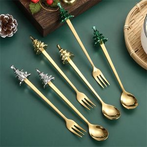 Dinnerware Sets 6 Piece Christmas Spoon Fork Set Tree Coffee Dessert Tea Soup Stirring Cake Fruit Tableware Gift