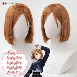 Костюмы комбинезона Кугисаки Нобара аниме дзюдзюцу кайсен косплей короткие оранжево-коричневые термостойкие волосы женские парики + шапочка для парика