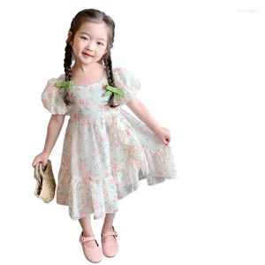 Kız Elbiseler Çocuk Giysileri 2023 Yaz Kızlar Kare Yaka Killi Kılıflı Çiçek Baskılı Prenses Mesh Elbise