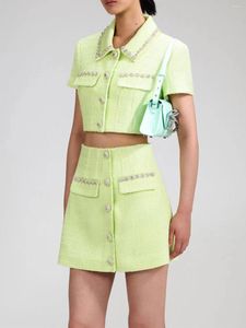 Work Dresses Women's Diamonds Tweed Suit 2023 Fashion Ladies Green Turn-down Collar Short-Sleeved Cardigan Top Or A-Line Skirt