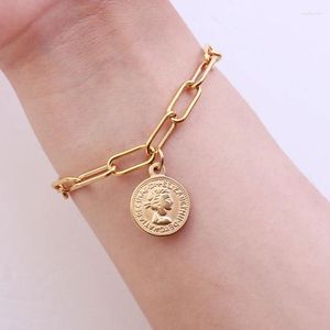 Link Pulseiras Mulheres Moeda de Aço Inoxidável Centavos Para Mulheres Homens Ouro/Prata Cor Metal Medalha Elizabeth