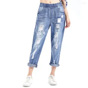 Women's Jeans Ripped With Elastic Band Summer Large Size For Girls Oversize Hole Denim Pants 7xl 8xl
