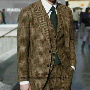 Mens Suits Winter Wool Tweed Plaid 3 Piece Jacket Vest Pants Set Groom Wedding Peaked Lapel Tuxedo Business Houndstooth