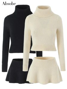 Vestido de duas peças Absobe camisola de malha mini saia 2 conjunto mulheres flapped alto pescoço manga longa top uma linha curta outono streetwear 231027