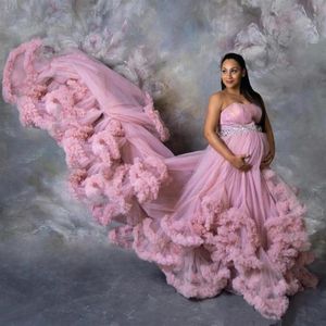 Lässige Kleider trägerlos Mutterschaft für Po-Shooting Plus Size Tiered Rüschen Tüll Schwangere Frauen Prom Kleider Kristalle Vestido de Novia269S