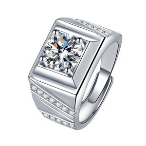 Anel grande de moissanite masculino de luxo, cor D VVS1 925, prata esterlina, casamento, noivado, corte redondo, incrustação CZ, anéis de promessa para ele, tamanho ajustável