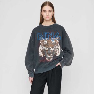 Women Vintage Washed Sweatshirts Cotton Designer Tiger Head Print Stir Fry Snow Flower Sweater