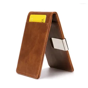 Card Holders Holder Men's Trendy PU Leather Creative Stainless Steel Wallet Flip Money Clip Short