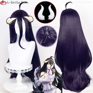 CATSUT -kostymer 100 cm anime Overlord cosplay albedo Deep Purple Black Horns Värmebeständiga syntetiska peruker + peruk lock