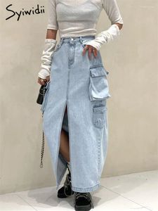 スカートsyiwidii cargo cargo jeans skirt for women 2023ハイウエストはポケットファッション長いヴィンテージスプリットカジュアル