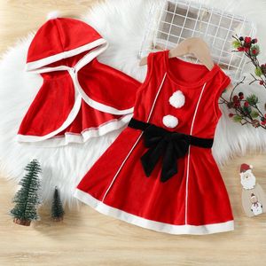 Conjuntos de roupas 1-6y Natal Santa Vestido para meninas Red Hooded Manto Sem Mangas Colete Festa Ano Crianças Traje Crianças Roupas Cape