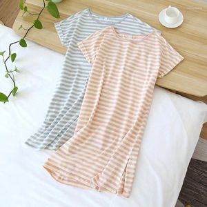 Pijamas femininos pijamas primavera verão algodão camisola manga curta vestido fino listrado solto casual homewear para mulher