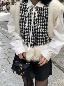 Kvinnors västar Autumn Winter Furry Modis Patchwork ärmlösa Vest Women Houndstooth Plaid Print damer beskurna koreanska kvinnliga kappa 2023