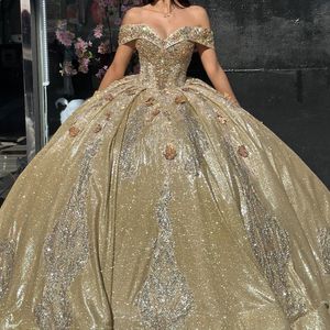 Gold Sexy Schulterfreies, glänzendes Quinceanera-Kleid, Ballkleid, Applikationen, Blumen, Perlen, mexikanische Sweet-16-Kleider, 15 Jahre