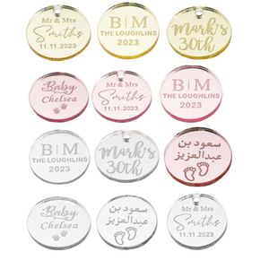 Diğer Etkinlik Partisi Malzemeleri 20/50/60/100 PCS Kişiselleştirilmiş Graved Ayna Hediye Etiketleri Düğün Adı Etiketleri Akrilik Cupcake Toppers Circle Kek Takımları Bebek Duş 231026