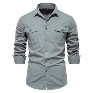 Erkekler Sıradan Gömlek Moda Uzun Kollu Düz Renkli Gömlek Çok Cep Basit Tasarım İş Düğmeleri