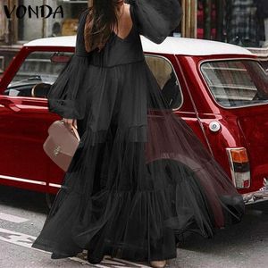 Casual Loose Dresses Womens Plus Size VONDA Fat MM Big Yards Sundress Sexy V-Neck Lantern Long Sleeve High Waist Maxi Dress 2020 Y270g