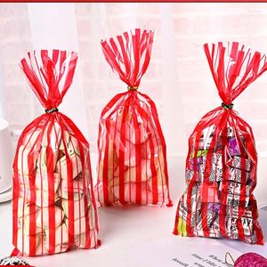 Gift Wrap 100Pcs Red Vertical Striped Plastic Bag Flat Mouth Baking Packaging Bread Toast Snack Food Party