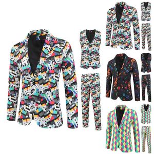 Men's Tracksuits Three-piece Set Fashion Casual Printed Coat Vest Pants Suit Formal Work Winter Windeproof