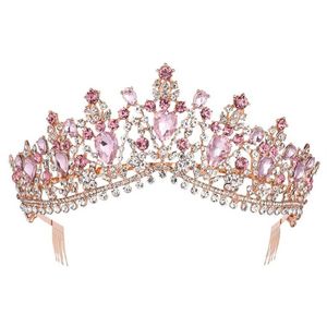 Barok Gül Altın Pembe Kristal Gelin Taç Taç Taramalı Pageant Prom Rhinestone Peçe Tiara Head Band Düğün Saç Aksesuarları Y2415