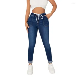 Kvinnors jeans mode fram bakre dubbla fickor skarvning blyerts kvinnor elastisk midja snörning nio -minutbyxor damer denim byxor