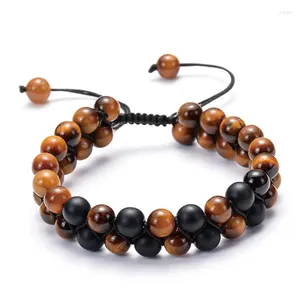 Strand natura 8 mm pedra redonda tigre-olho contas de ônix dupla fileira charme tecer corda de náilon artesanal pulseira ajustável para homem mulher