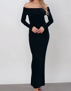 カジュアルドレスPuloru Vintage Black Off-Shoulder Long-Sleeve Dress Women's Slash Neck Lapped Bodycon Party Cocktail Club Streetwear