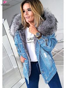 Women's Fur Denim Jacket Warm Faux Oversized Outerwear Hooded Female Clothing For Autumn Winter Button Down Long Sleeve Coat