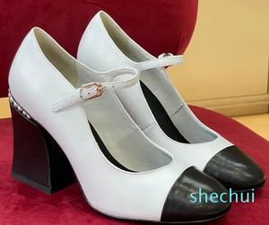 Designer - Heels Women's pumps Shoes Designer Sandals Leather Dress shoes Chunky Heel Splicing Mid Heel Black White Khaki Evening Size