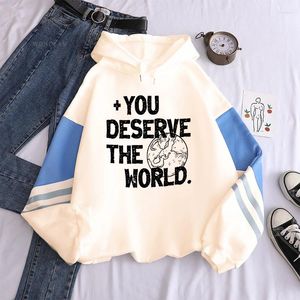 Men's Hoodies Funny Letter Printed Hooded You Deserve the World Patchwork Men Women Oversized Clothes Sweatshirts Unisex Streetwear