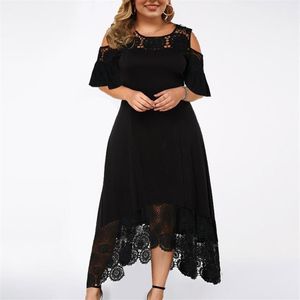 Artı boyutu elbiseler kadınlar seksi fırfırlı straplez ekleme dantel kısa kollu elbise siyah zarif gevşek xl-5xl robes2279