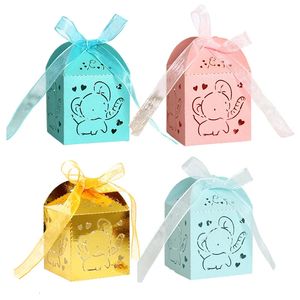 Gift Wrap 50/100pcs Cute Elephant Laser Cut Carriage Favors Box Gift Candy Boxes With Ribbon Baby Shower Wedding Birthday Party Decoration 231026