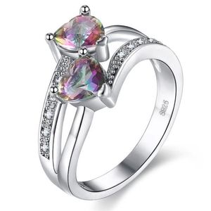 Verkaufe niedlichen Modeschmuck 925 Sterling Silber Doppelherz Farbe Rianbow Edelsteine Frauen Hochzeit Verlobungsband Ring für Love241T