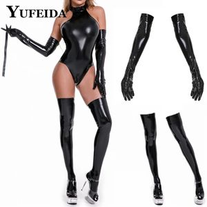 Sexy Set YUFEIDA Sexy Leather Lingerie Bodysuits Women Latex Leather Lingerie Erotic Teddy with Gloves and Socks Mistress Sex Costume 231027