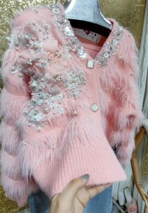 Kadın Örgüler Ağır Endüstri İnci Büyük Çiçek Boncuklu Pullu Pembe Sweater Kadın Üstler Sonbahar Moda Gevşek Örgü Hırdi Giyim