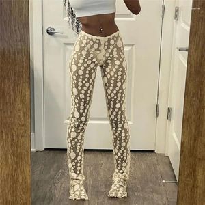 Calças femininas malha sheer sexy mulheres leggings 2023 verão ver através de ponto impressão magro bodycon selvagem streetwear calças elásticas bottoms