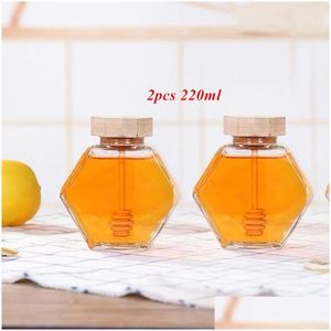Storage Bottles Jars 220Ml/380Ml Transparent Glass Hexagon Honey Jar Mini Small Sealed Bottle With Wooden Stick Spoon Kitchen Tool Dh4Ck
