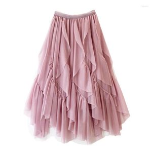 Saias Boho Long Tulle Saia Outono Inverno 2023 Mulheres Malha Irregular Midi Feminino Cintura Alta Festa Tutu Maxi Verde